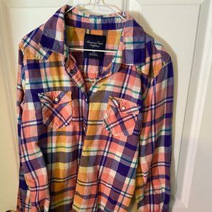American Eagle Outfitters Womens Flannel Large Pink and Blue